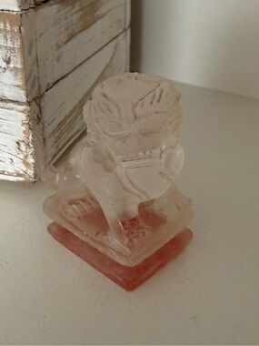 Chinese Clear Glass Foo Dog Temple Lion Figurine on a Colored Base